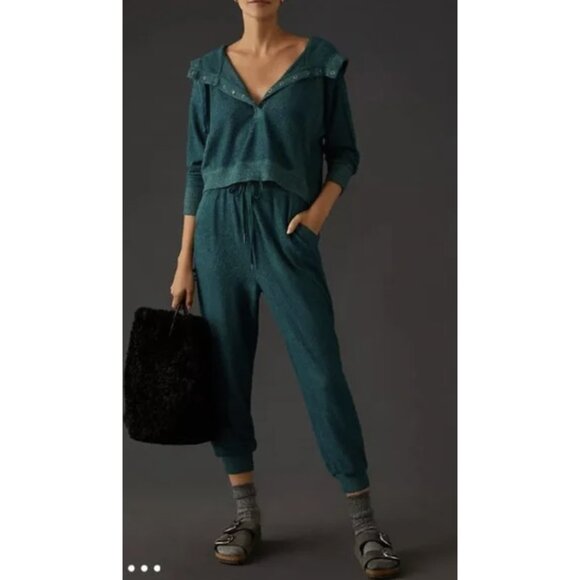 ANTHROPOLOGIE DAILY PRACTICE Mariah Harem Pants Forest Green Lounge Waffle Knit - Picture 1 of 13